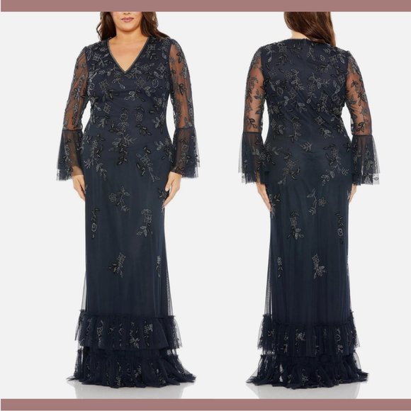 NWT $698 Mac Duggal [ 16W‎ ] Embellished Flutter Tiered Long Sleeve Gown Q634